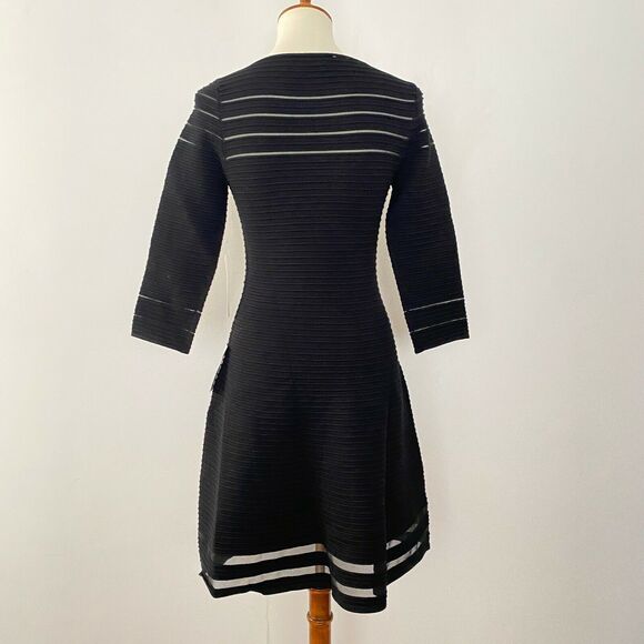 Eliza J Mesh Fit & Flare Dress 3/4 Sleeve Bateau Neck Black XS - Picture 4 of 9